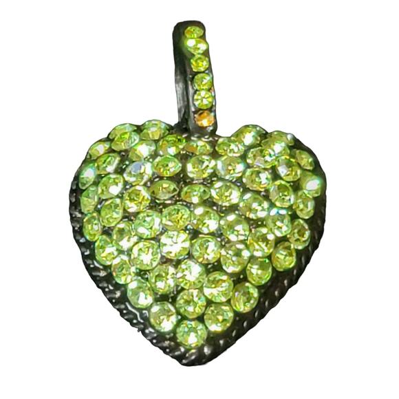 Green Rhinestone Heart Pendant 1.5"‎ Black Metal Puffy 3D Charm Pave Jewelry - Picture 1 of 5